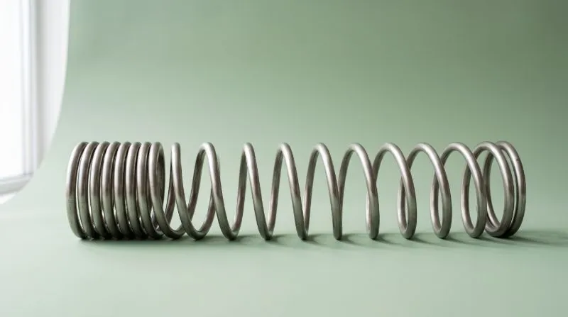 A tightly wound steel coil released and resting open
