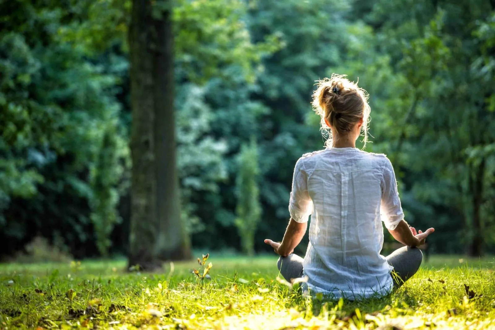 A woman sitting cross-legged in a sunlit park, meditating
