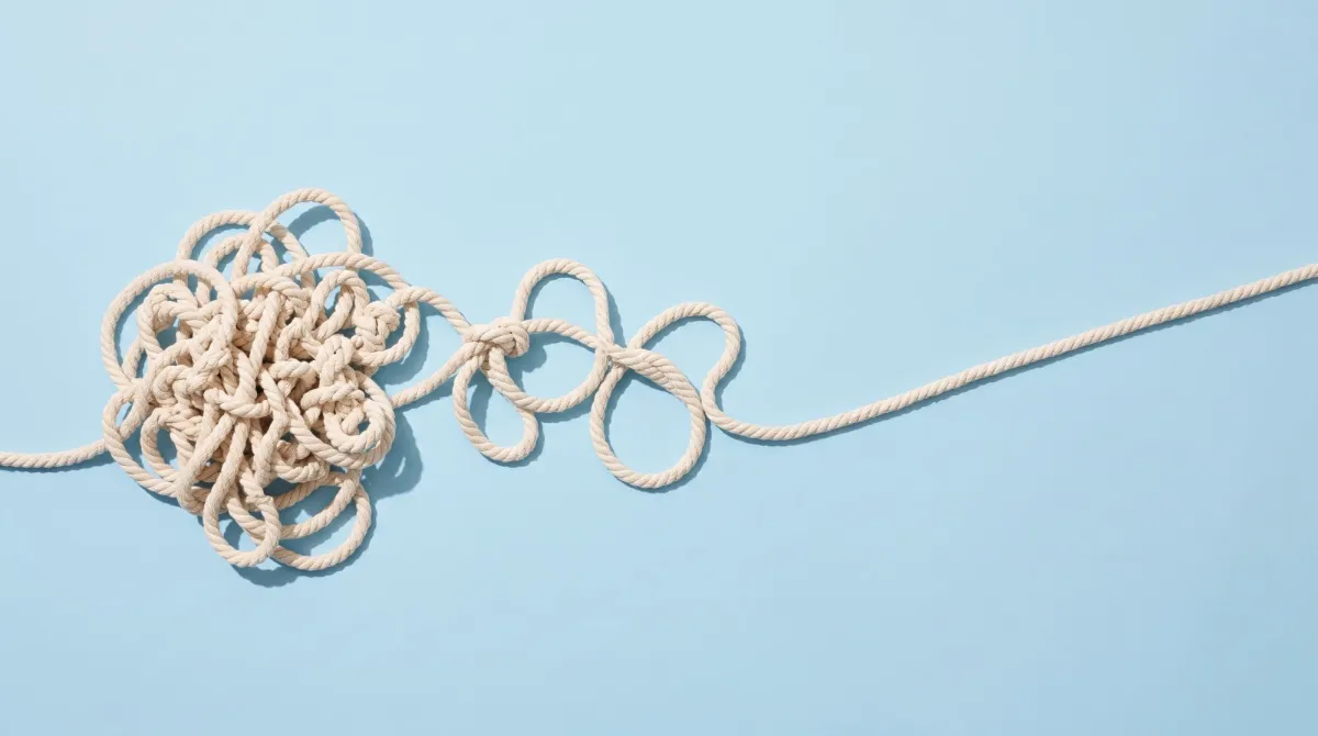 A tangled cotton rope resolving into one clean straight line