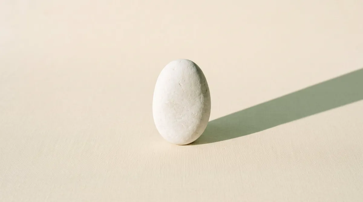 A single smooth stone standing balanced upright, casting one long shadow